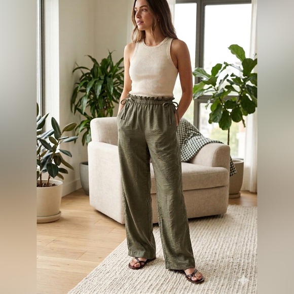 a new day Pants - A new day High-Rise Paperbag Waist Wide-Leg Pants - Olive size Small